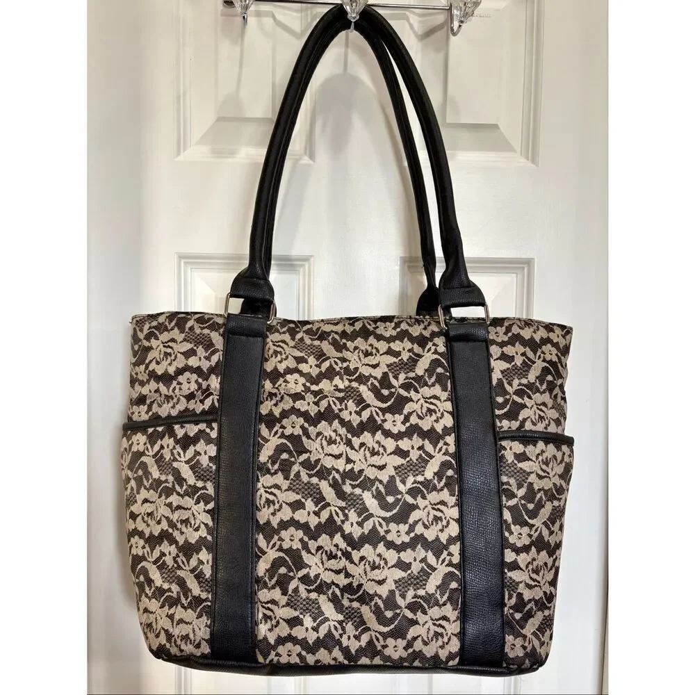 A.B.S./Allen Schwartz - Sweet Black & White Lace-Print Tote/Nylon. Large & Comfy